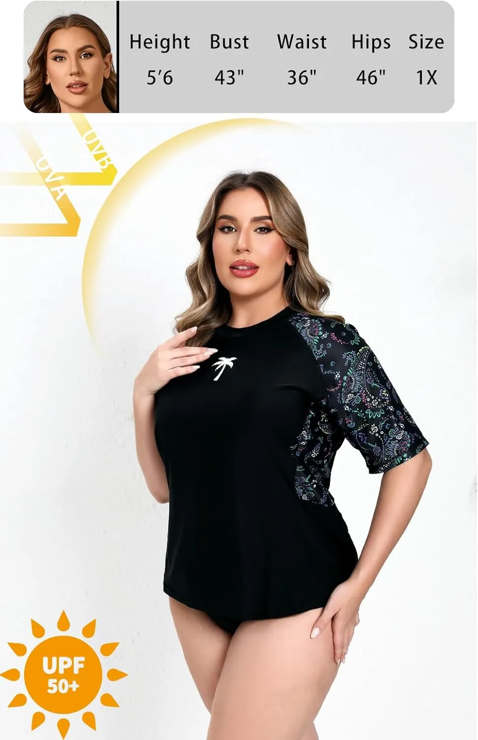 Halcurt Women's Plus Size Short Sleeve Rash Guard Top with Built in Bra Side Pockets UPF50  Swim Shirts