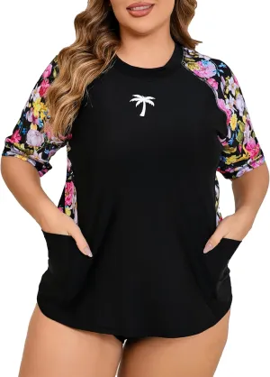 Halcurt Women's Plus Size Short Sleeve Rash Guard Top with Built in Bra Side Pockets UPF50  Swim Shirts