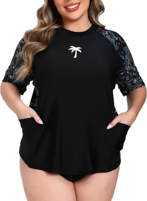 Halcurt Women's Plus Size Short Sleeve Rash Guard Top with Built in Bra Side Pockets UPF50  Swim Shirts