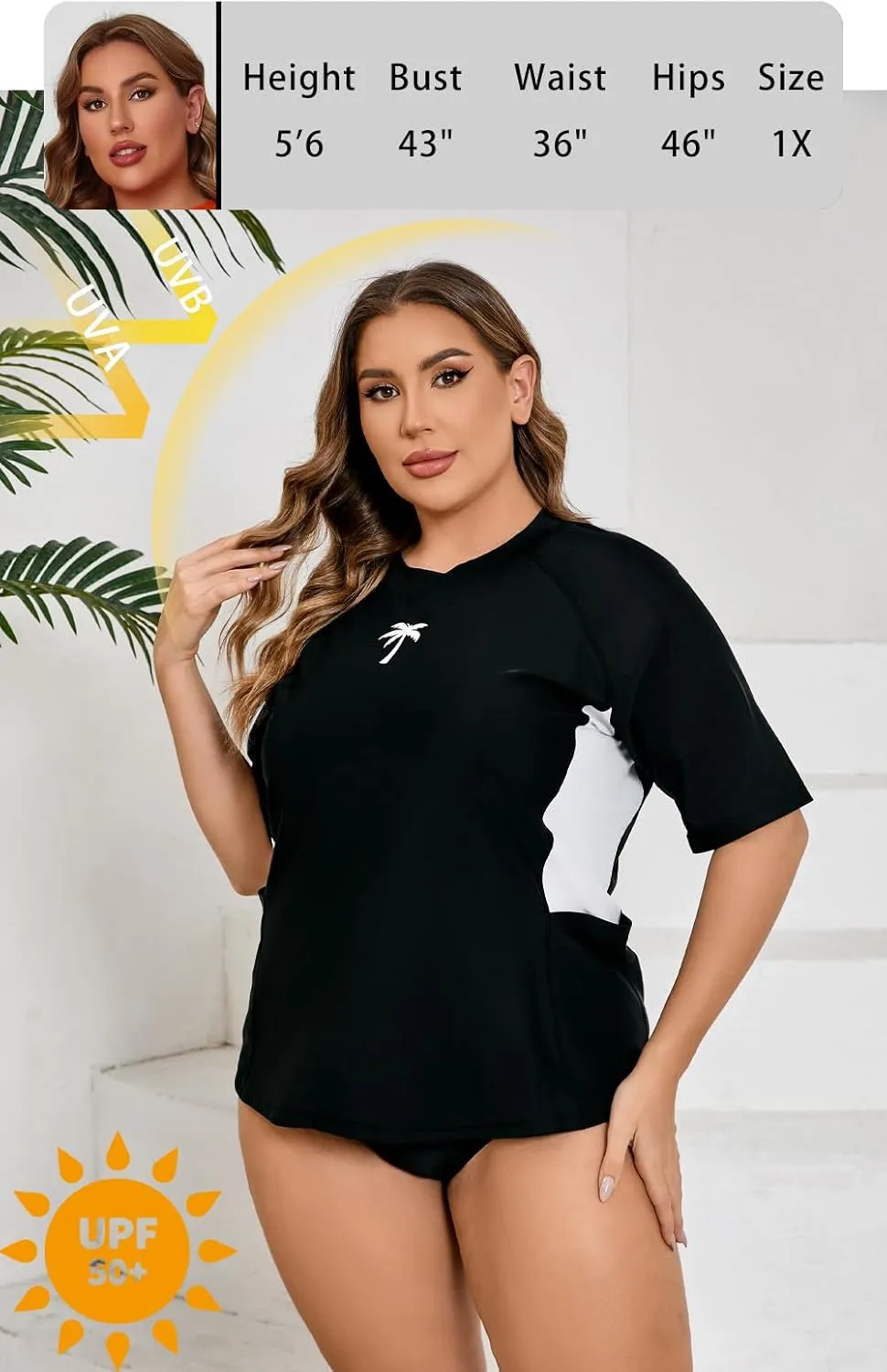 Halcurt Women's Plus Size Short Sleeve Rash Guard Top with Built in Bra Side Pockets UPF50  Swim Shirts
