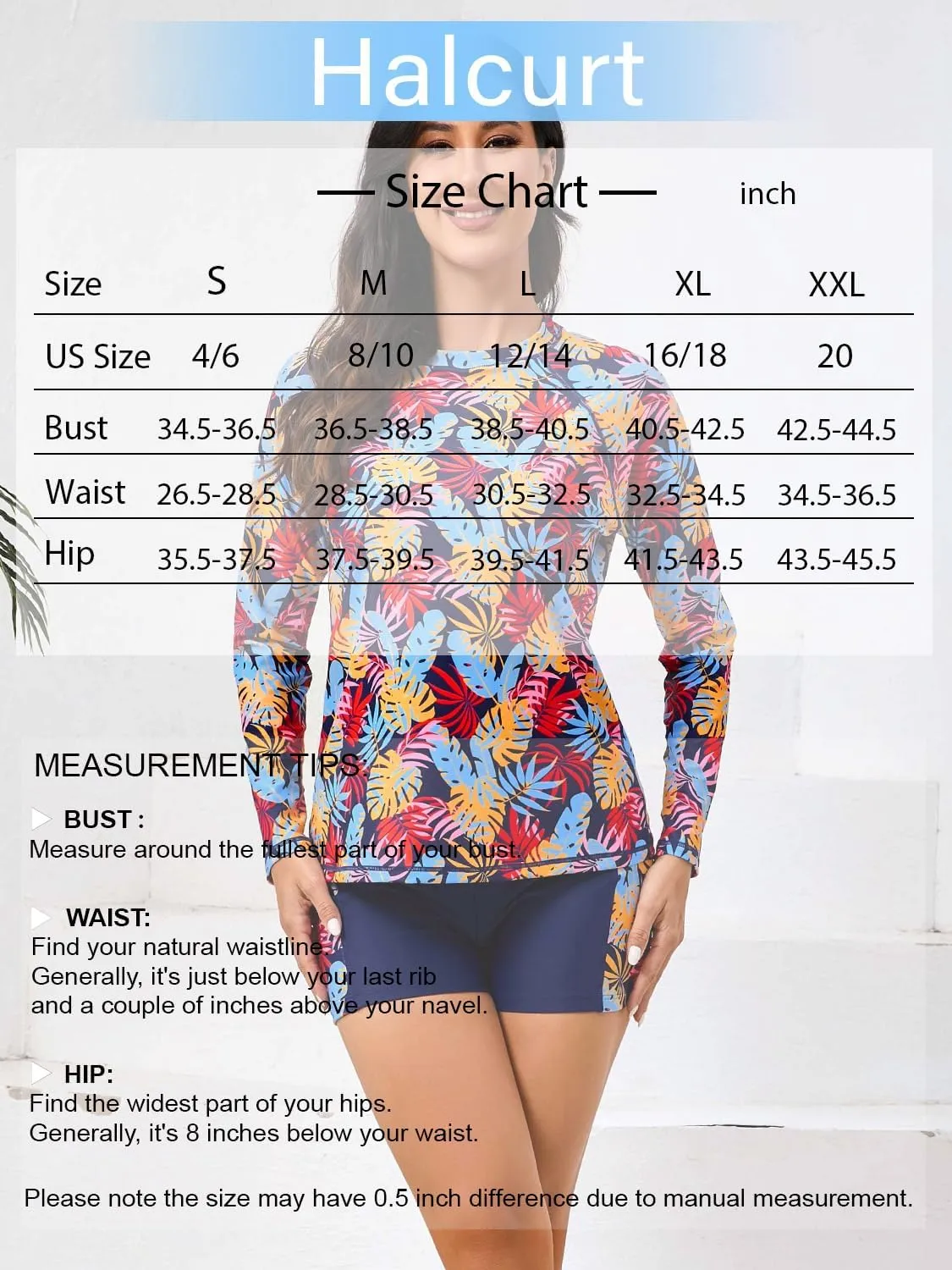 Halcurt Women's Two Piece Rash Guard Swimsuit Long Sleeve UPF 50 Swim Shirt with Board Shorts