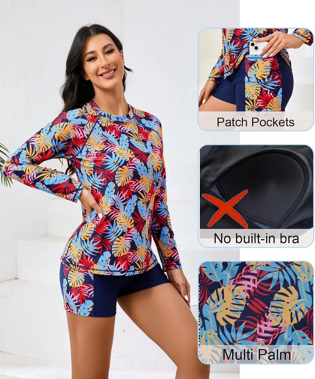 Halcurt Women's Two Piece Rash Guard Swimsuit Long Sleeve UPF 50 Swim Shirt with Board Shorts