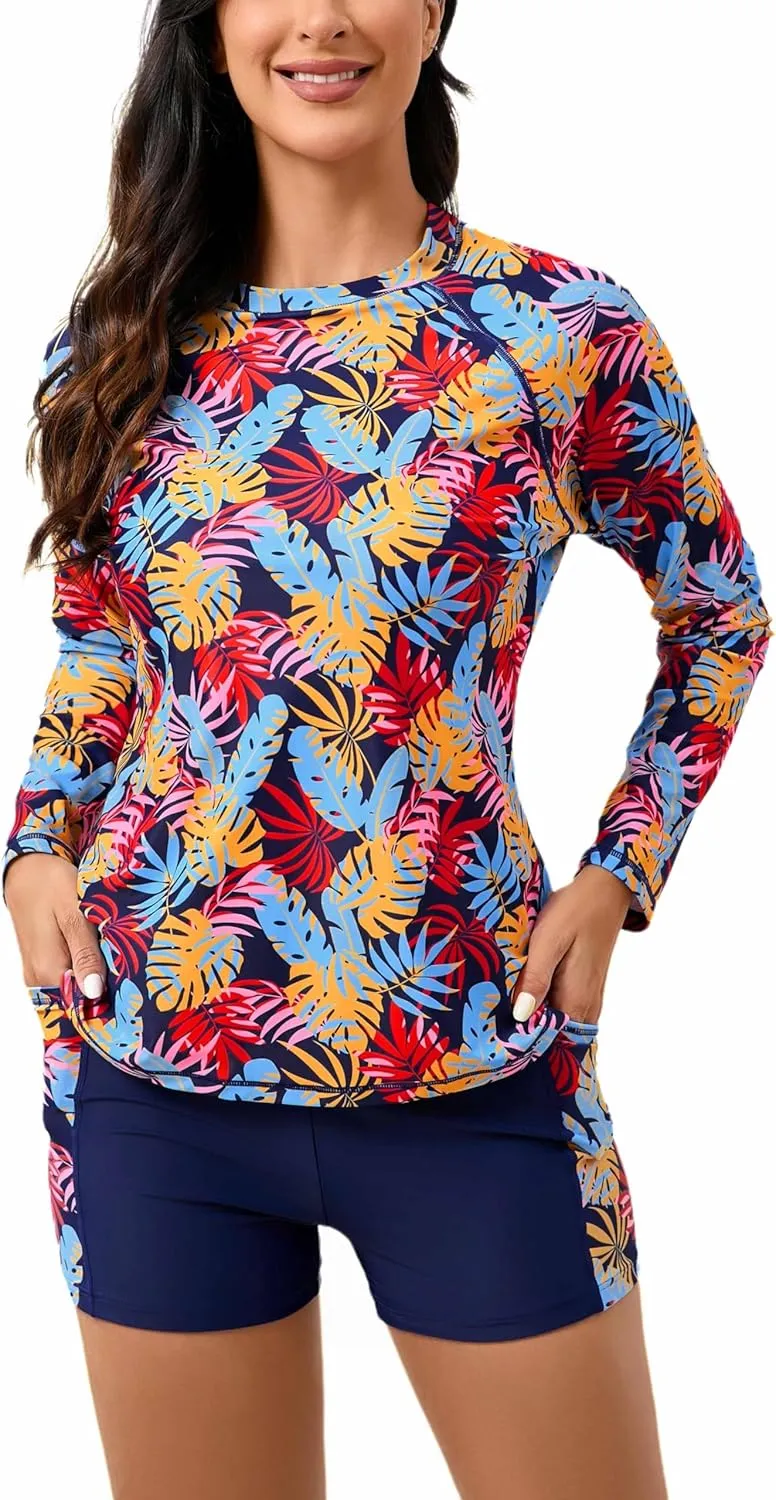 Halcurt Women's Two Piece Rash Guard Swimsuit Long Sleeve UPF 50 Swim Shirt with Board Shorts
