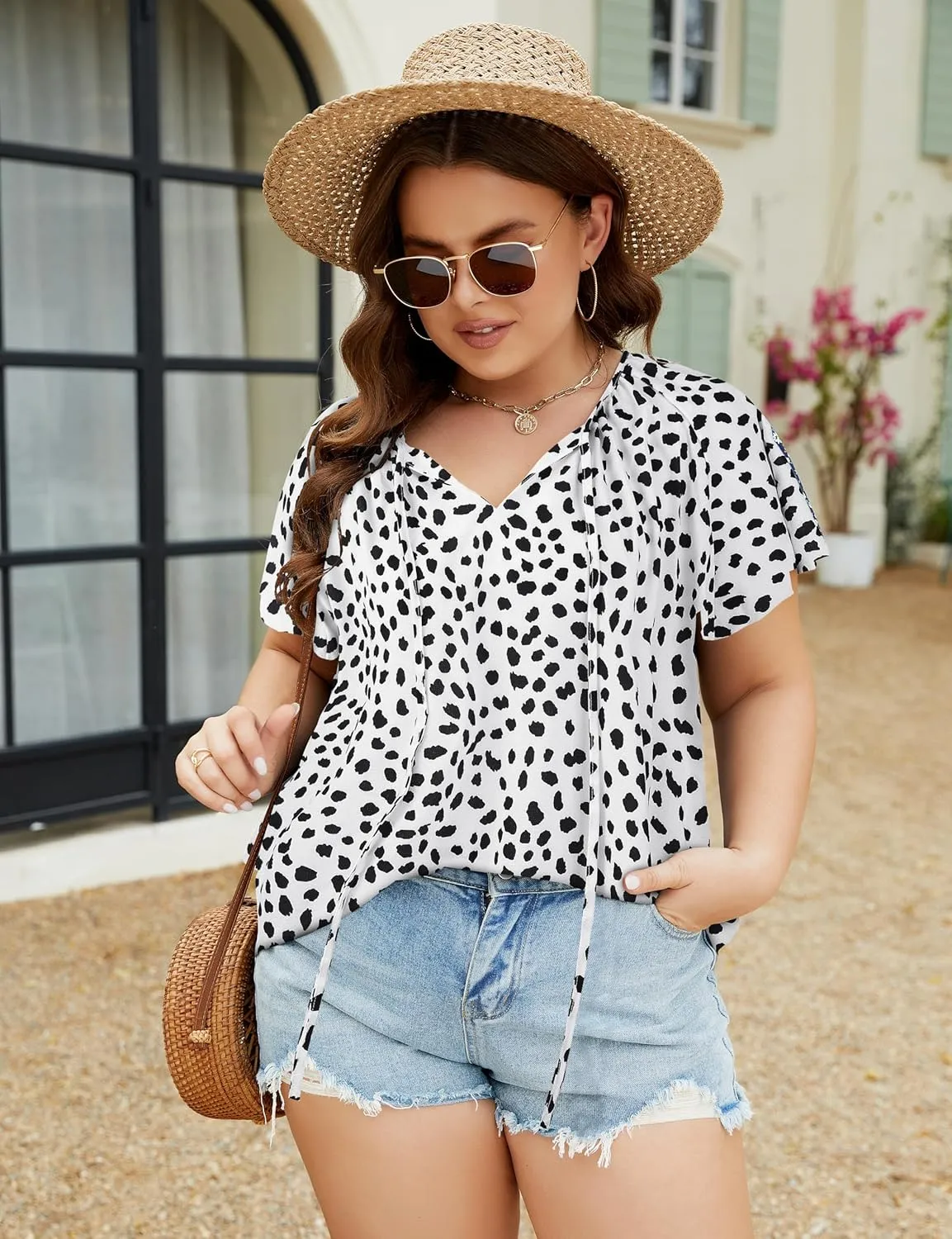 Halife Women's Plus Size Boho Tops Floral Printed V Neck Casual Summer Blouses Shirts