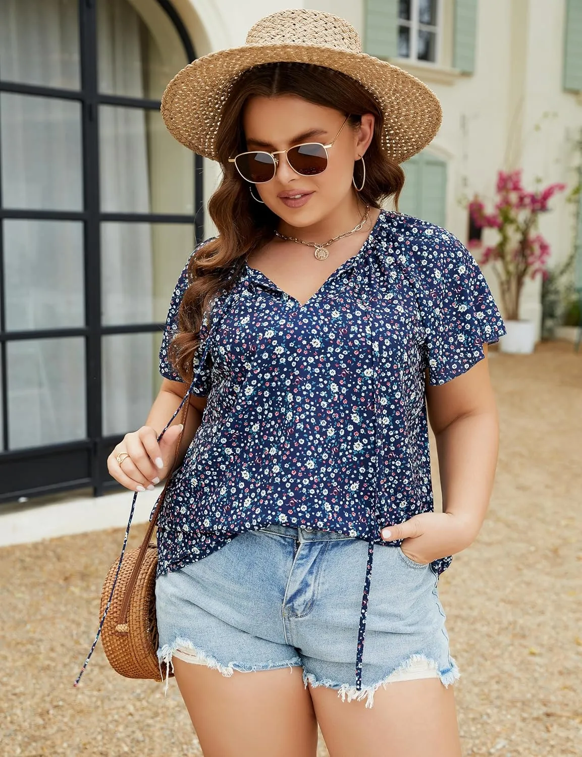 Halife Women's Plus Size Boho Tops Floral Printed V Neck Casual Summer Blouses Shirts