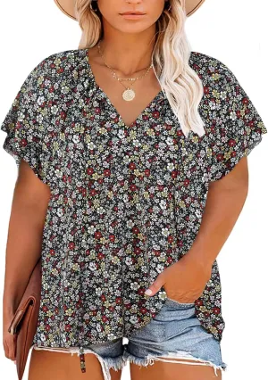 Halife Women's Plus Size Boho Tops Floral Printed V Neck Casual Summer Blouses Shirts