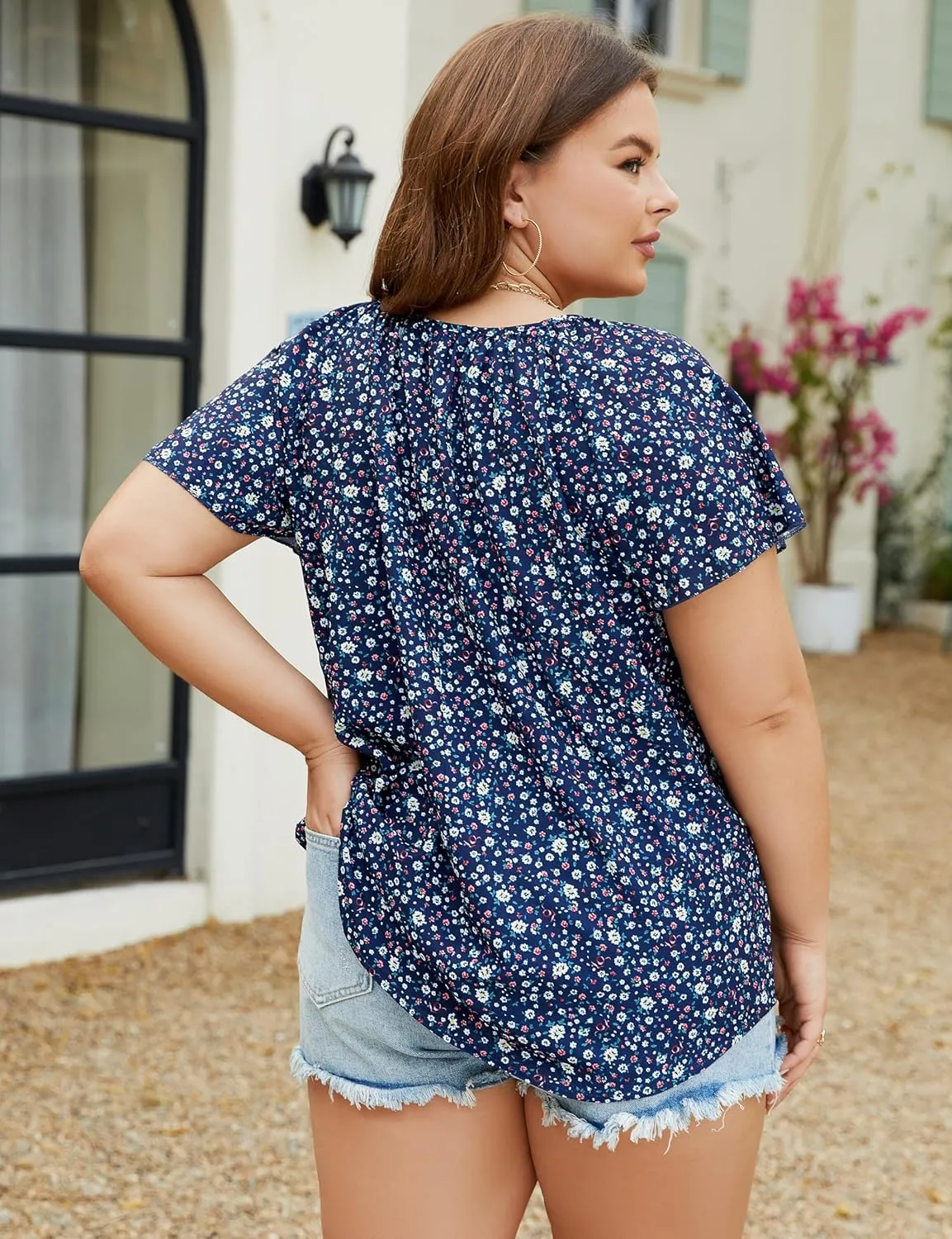 Halife Women's Plus Size Boho Tops Floral Printed V Neck Casual Summer Blouses Shirts