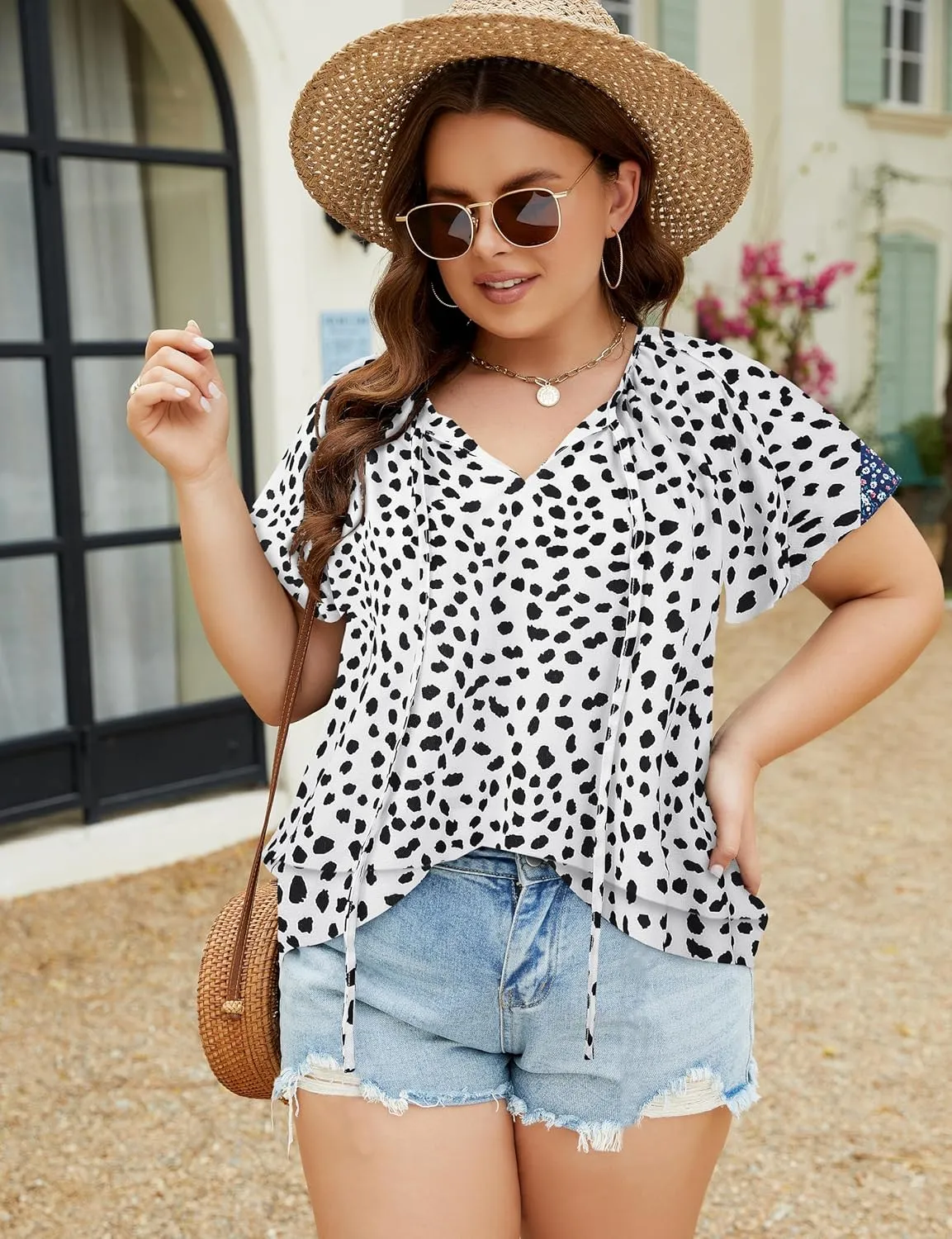 Halife Women's Plus Size Boho Tops Floral Printed V Neck Casual Summer Blouses Shirts