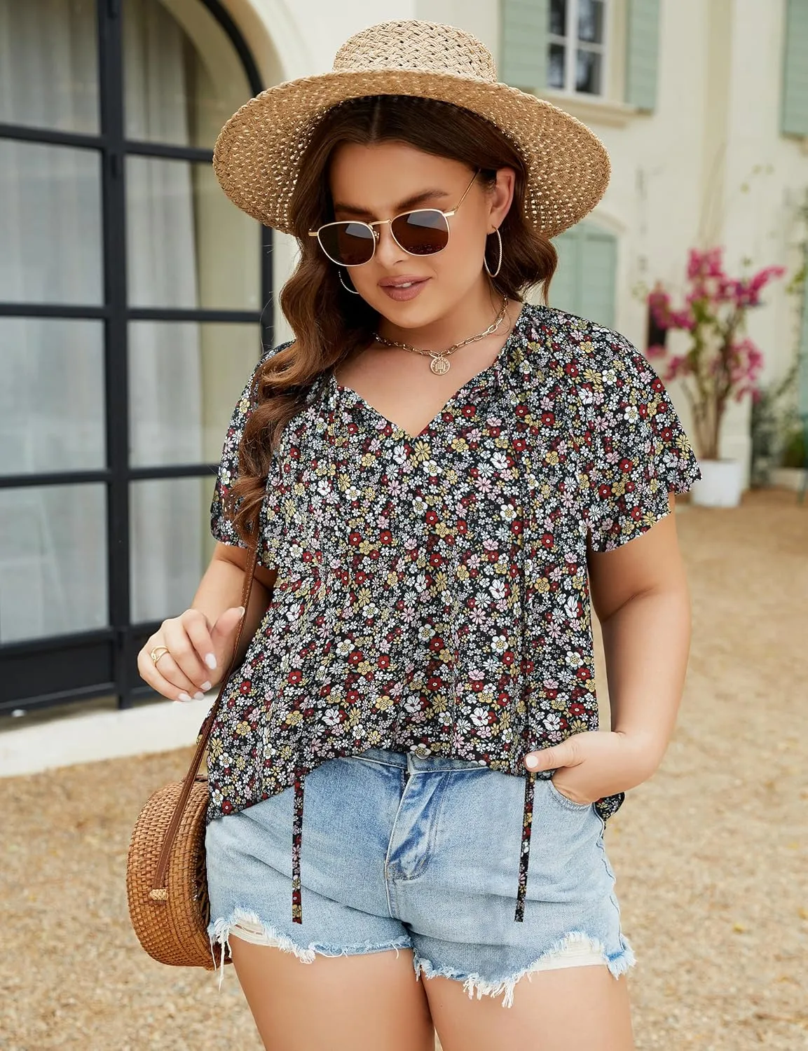 Halife Women's Plus Size Boho Tops Floral Printed V Neck Casual Summer Blouses Shirts