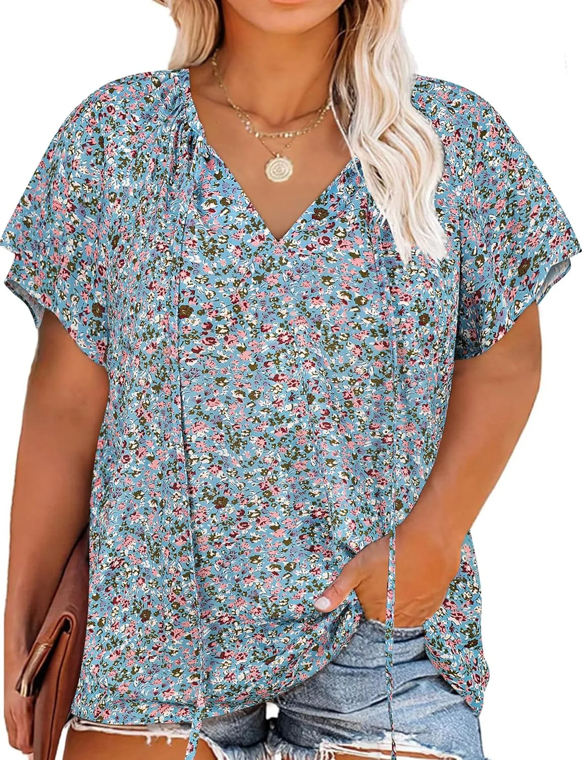 Halife Women's Plus Size Boho Tops Floral Printed V Neck Casual Summer Blouses Shirts