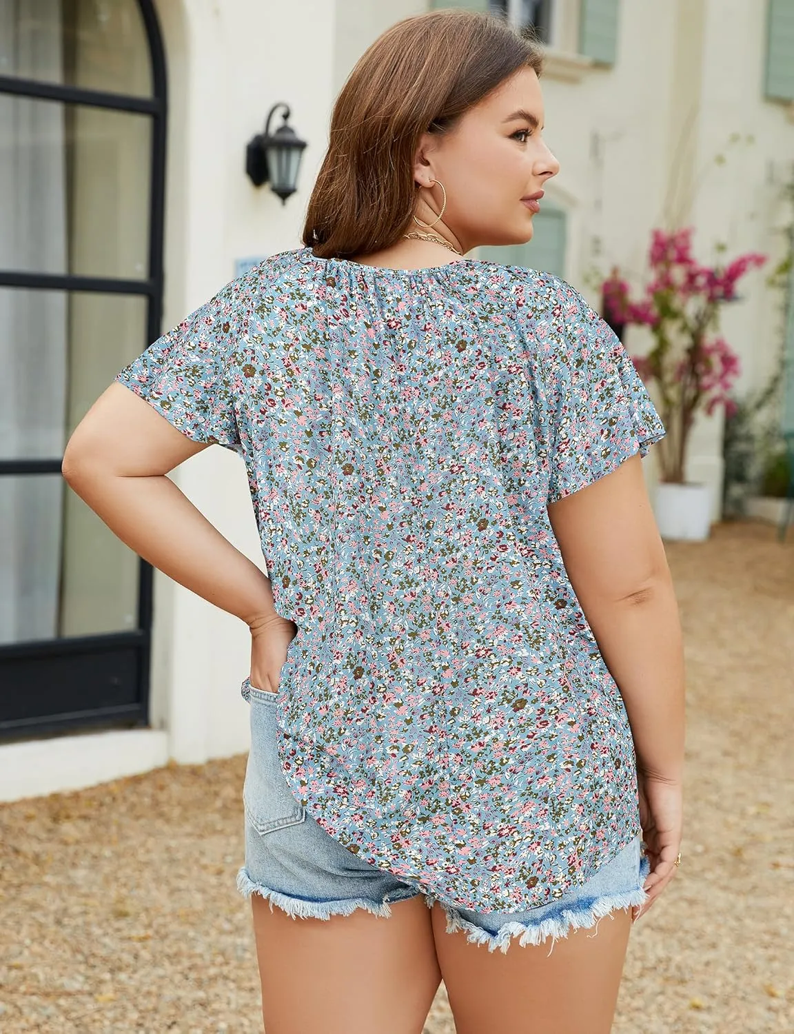Halife Women's Plus Size Boho Tops Floral Printed V Neck Casual Summer Blouses Shirts