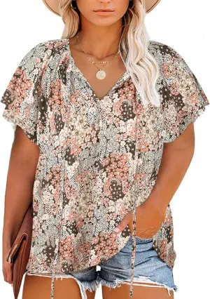 Halife Women's Plus Size Boho Tops Floral Printed V Neck Casual Summer Blouses Shirts