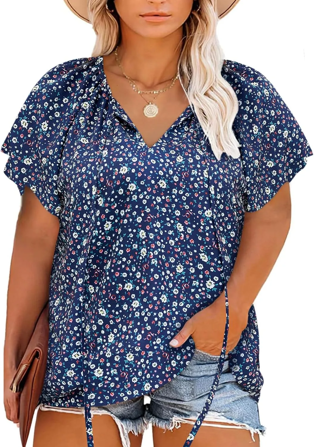 Halife Women's Plus Size Boho Tops Floral Printed V Neck Casual Summer Blouses Shirts