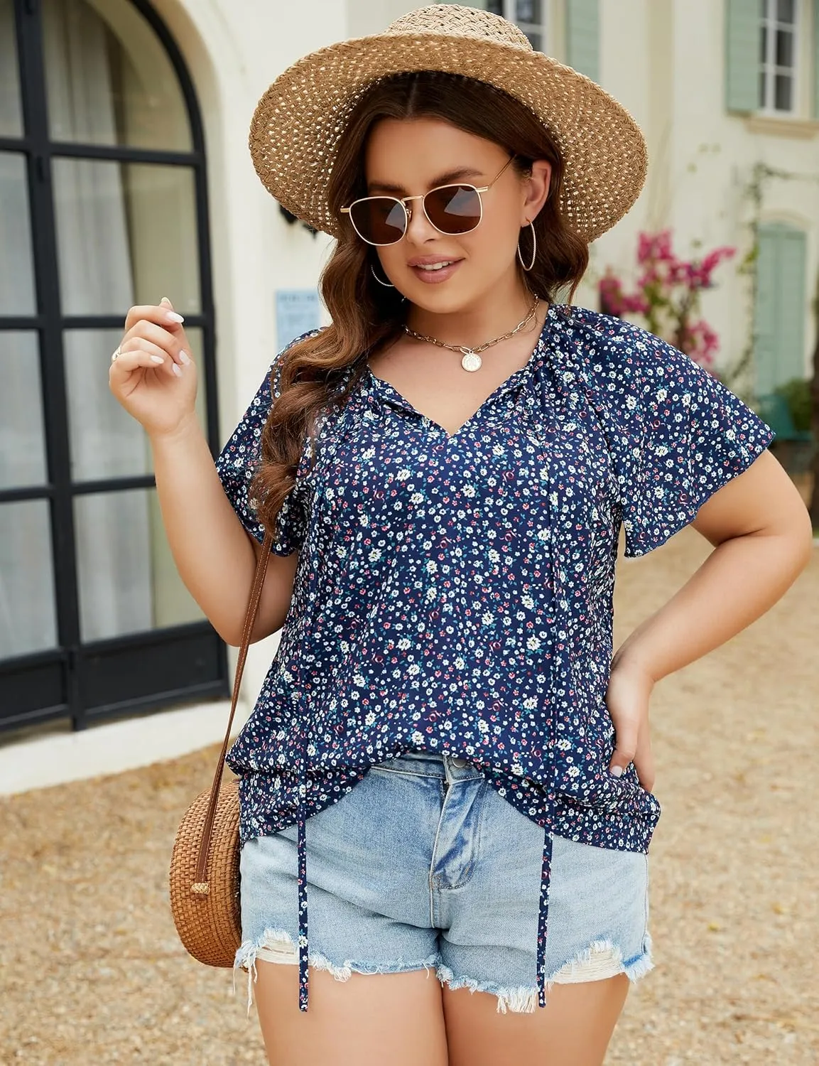 Halife Women's Plus Size Boho Tops Floral Printed V Neck Casual Summer Blouses Shirts