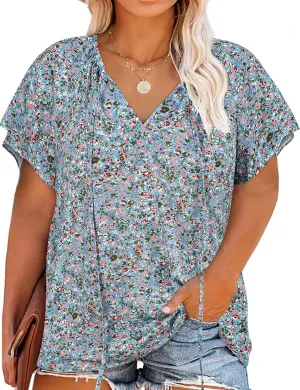 Halife Women's Plus Size Boho Tops Floral Printed V Neck Casual Summer Blouses Shirts