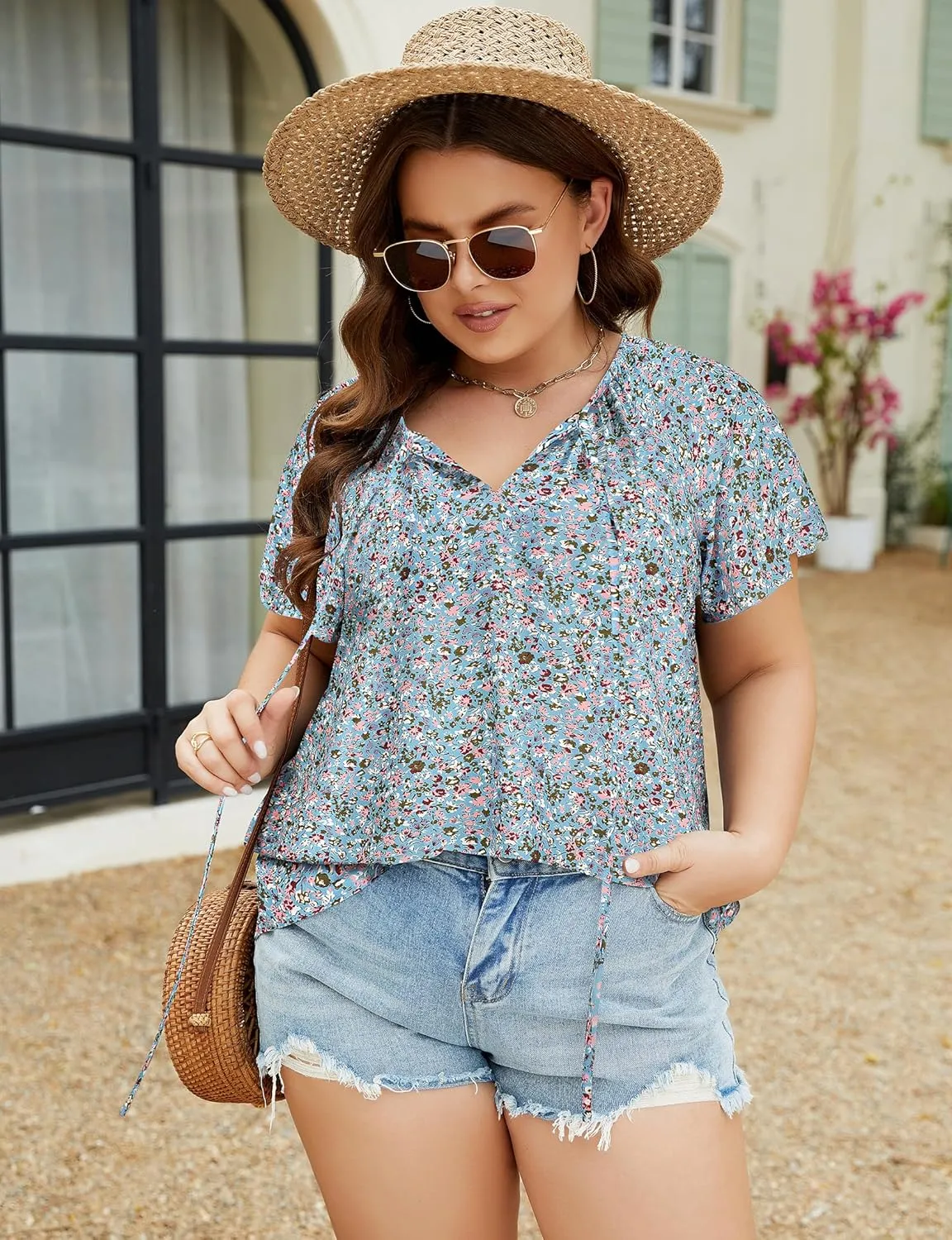 Halife Women's Plus Size Boho Tops Floral Printed V Neck Casual Summer Blouses Shirts