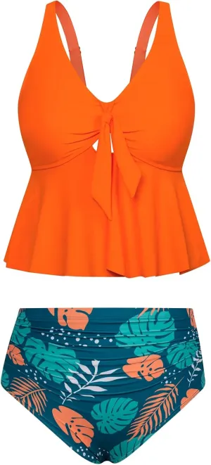 Hanna Nikole Women Plus Size 2 Piece V Neck Tie Tankini Swimsuit with Tummy Control Bikini Bottoms Bathing Suits