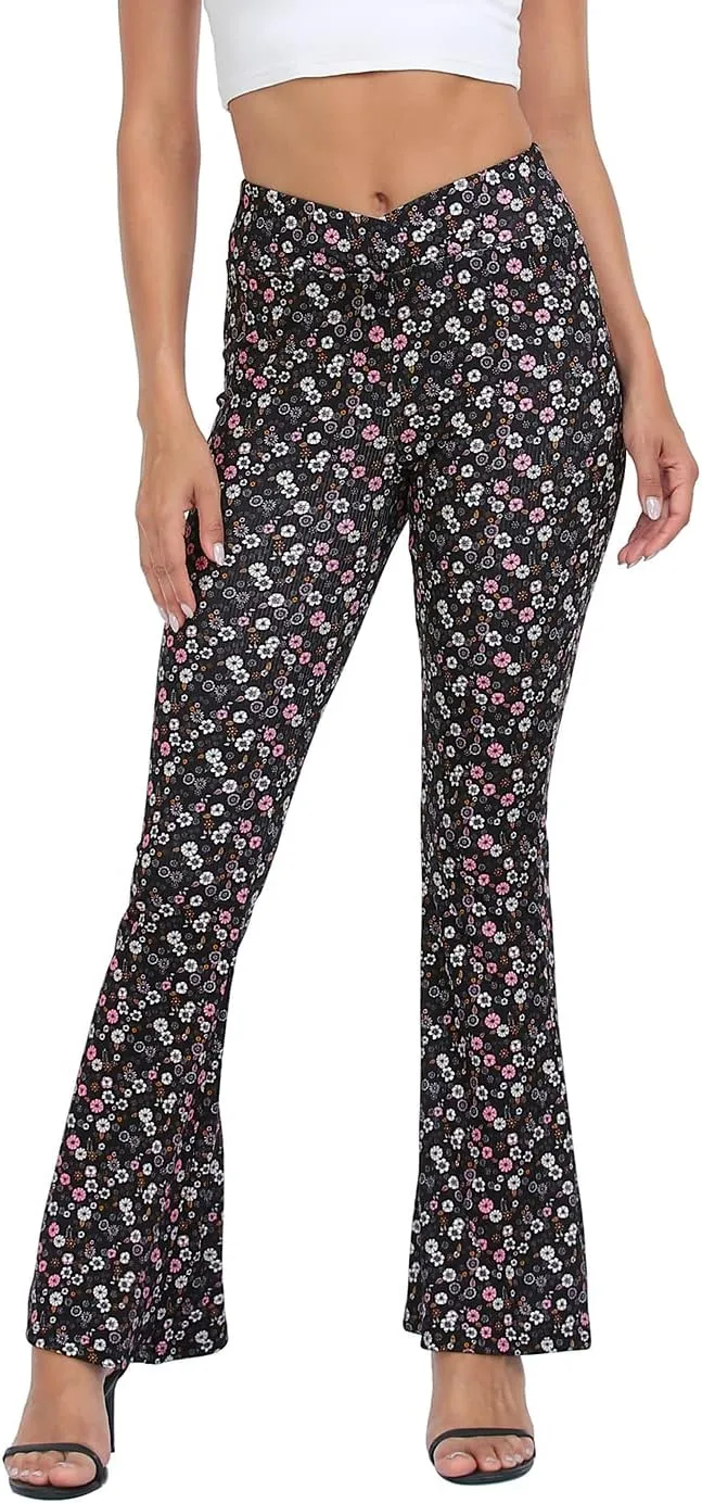 HDE Women's Crossover Flare Yoga Pants Ribbed High Waist Wide Leg Bell Bottoms