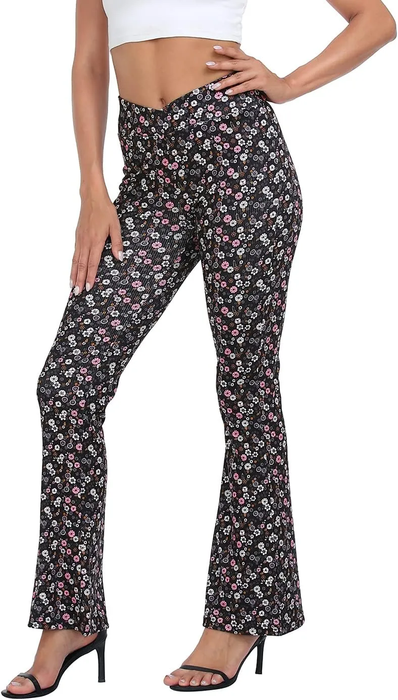 HDE Women's Crossover Flare Yoga Pants Ribbed High Waist Wide Leg Bell Bottoms