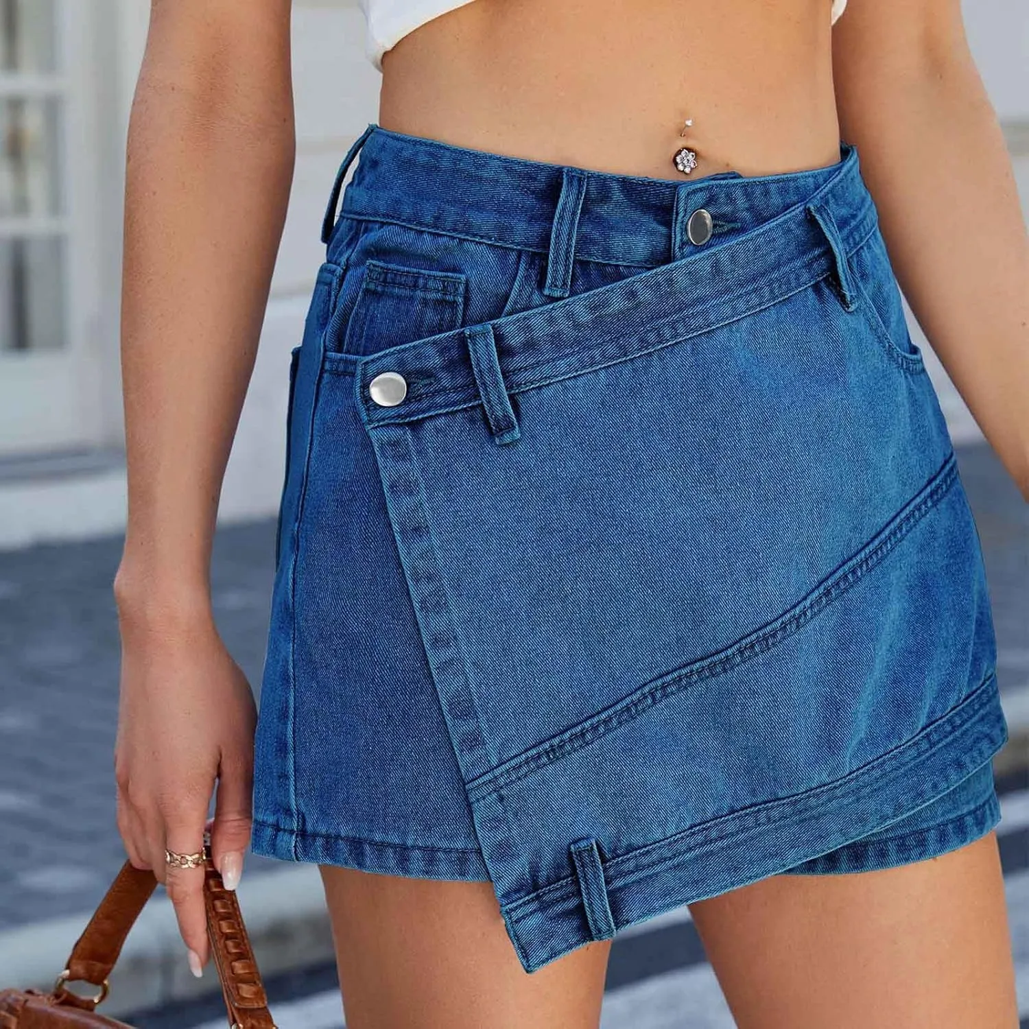 HGps8w Women's Irregular Denim Mini Skirt, Casual High Waisted 2025 Summer Bodycon Sexy Jean Skirts