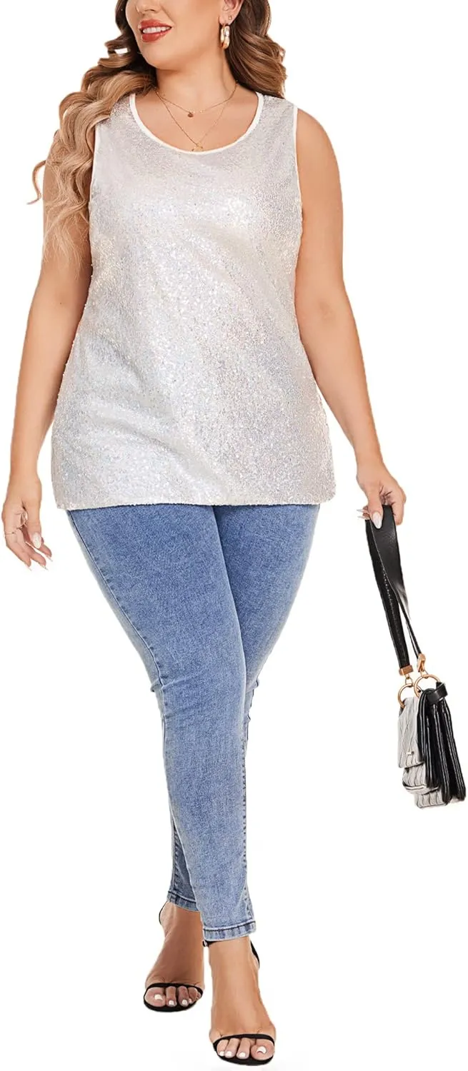 IN'VOLAND Women's Sequin Tops Plus Size Glitter Tank Top Sleeveless Sparkle Shimmer Shirt Tops