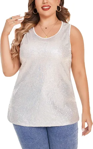 IN'VOLAND Women's Sequin Tops Plus Size Glitter Tank Top Sleeveless Sparkle Shimmer Shirt Tops