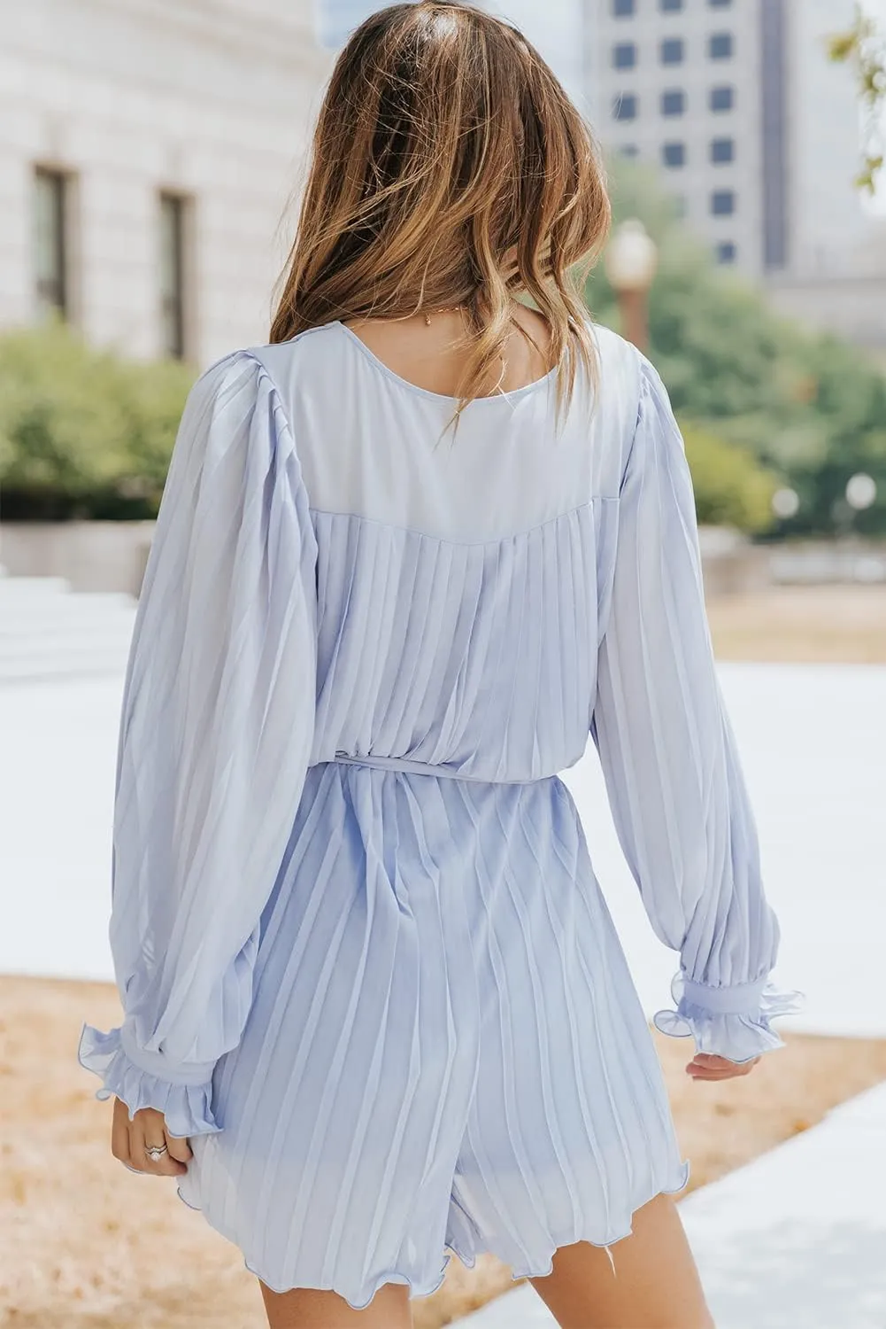 Irsutey Women Sexy V Neck Jumpsuit Solid Ruffle Long Sleeve Belted High Waist Ruffle Hem Short Mini Fall Dress Romper