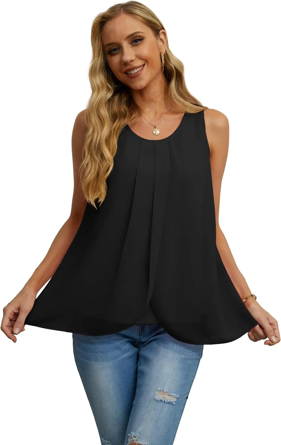 IWOLLENCE Womens Summer Tank Tops Sleeveless Chiffon Double Layers Blouse Loose Round Neck Casual Shirts