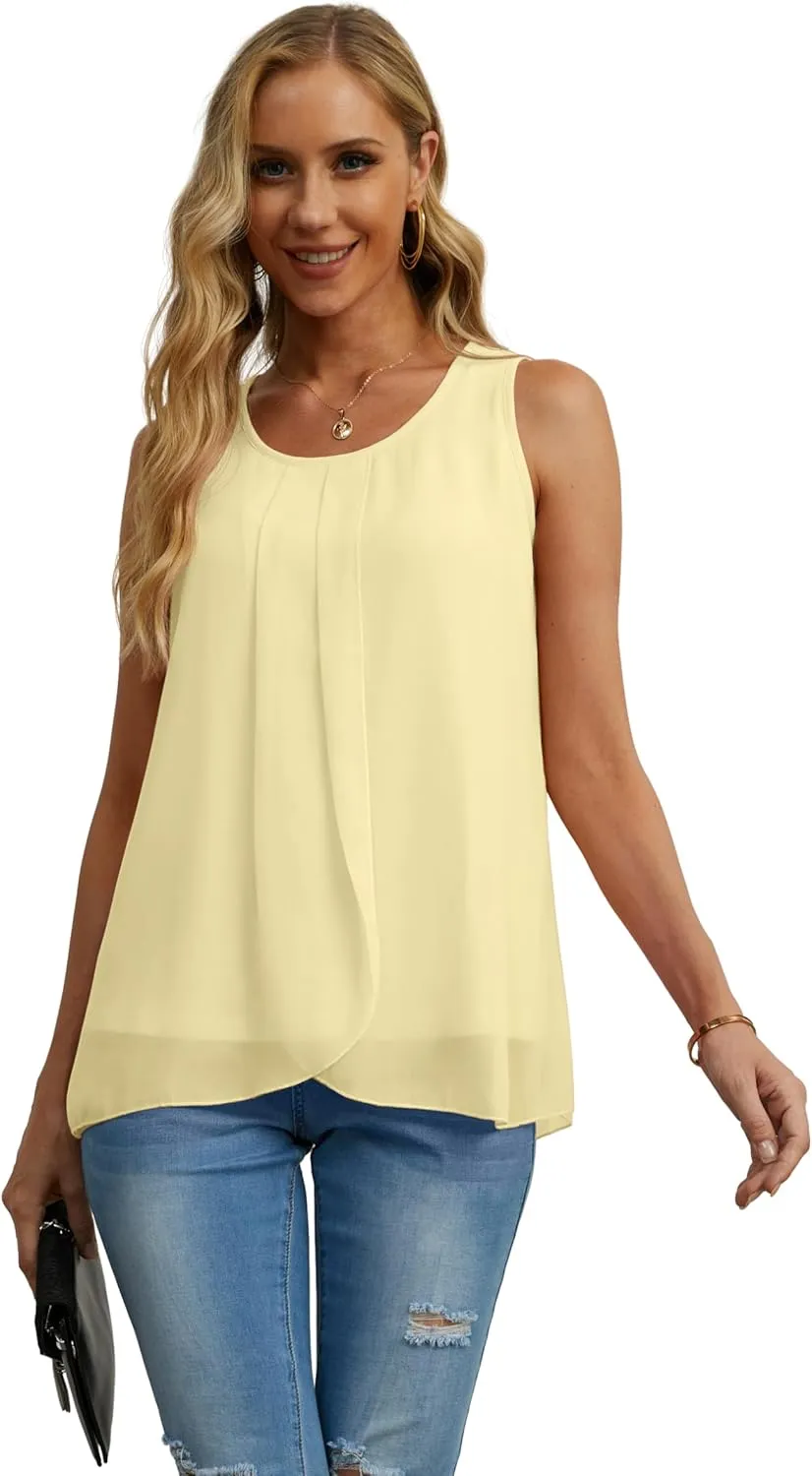 IWOLLENCE Womens Summer Tank Tops Sleeveless Chiffon Double Layers Blouse Loose Round Neck Casual Shirts