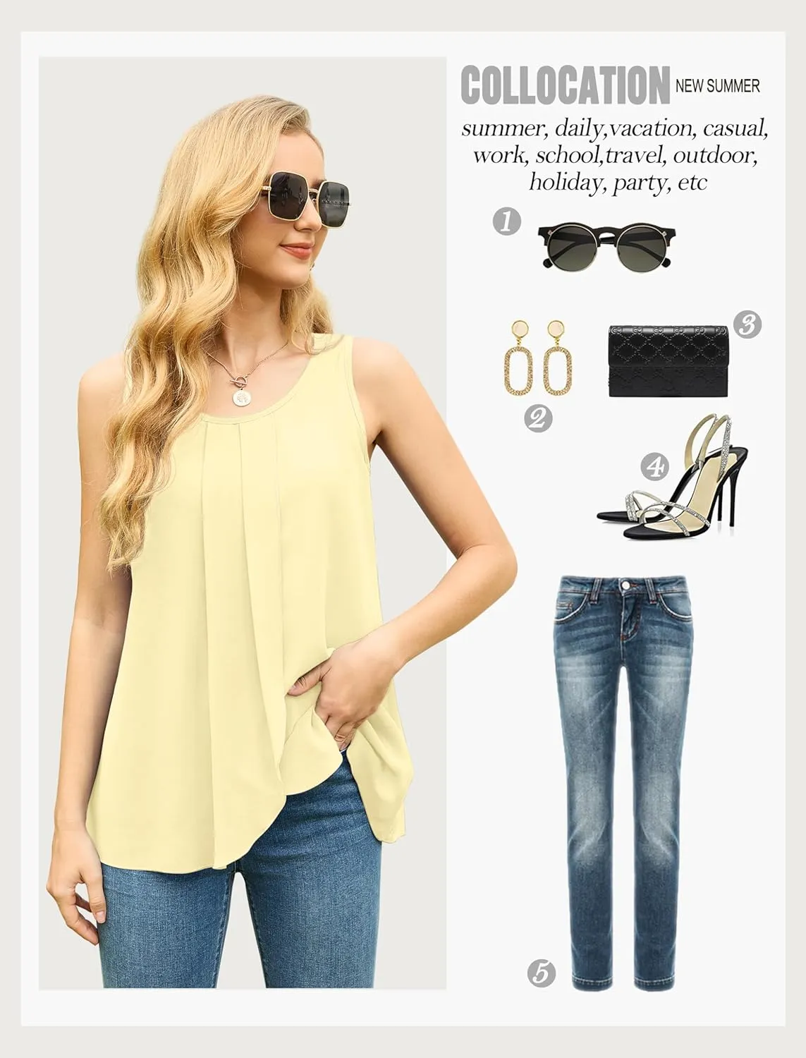 IWOLLENCE Womens Summer Tank Tops Sleeveless Chiffon Double Layers Blouse Loose Round Neck Casual Shirts