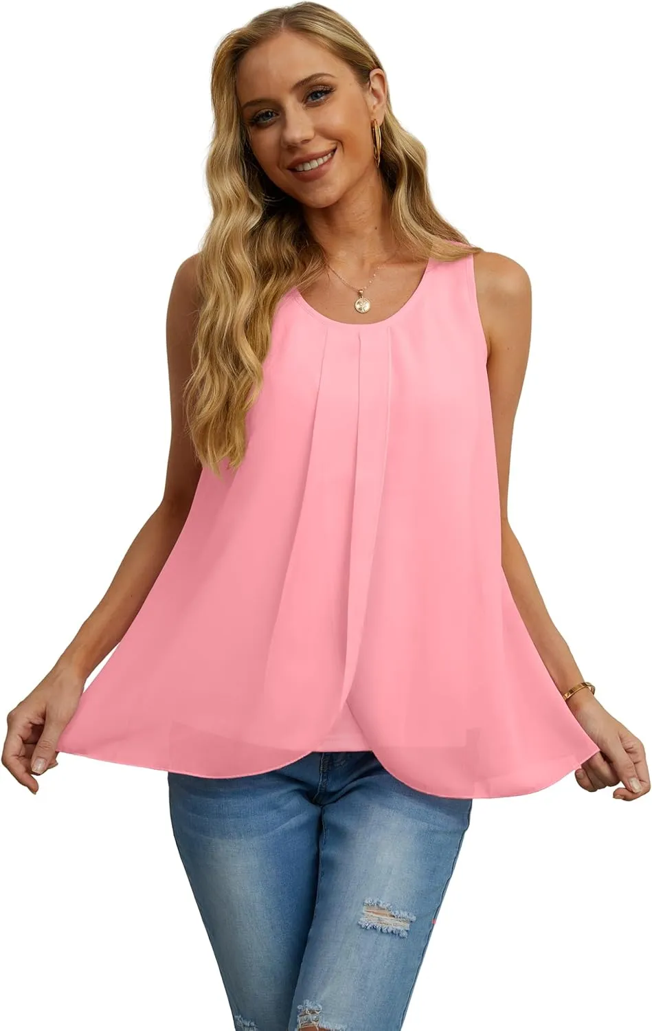 IWOLLENCE Womens Summer Tank Tops Sleeveless Chiffon Double Layers Blouse Loose Round Neck Casual Shirts