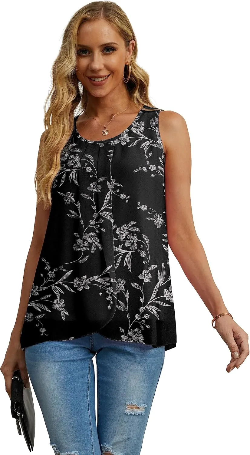 IWOLLENCE Womens Summer Tank Tops Sleeveless Chiffon Double Layers Blouse Loose Round Neck Casual Shirts