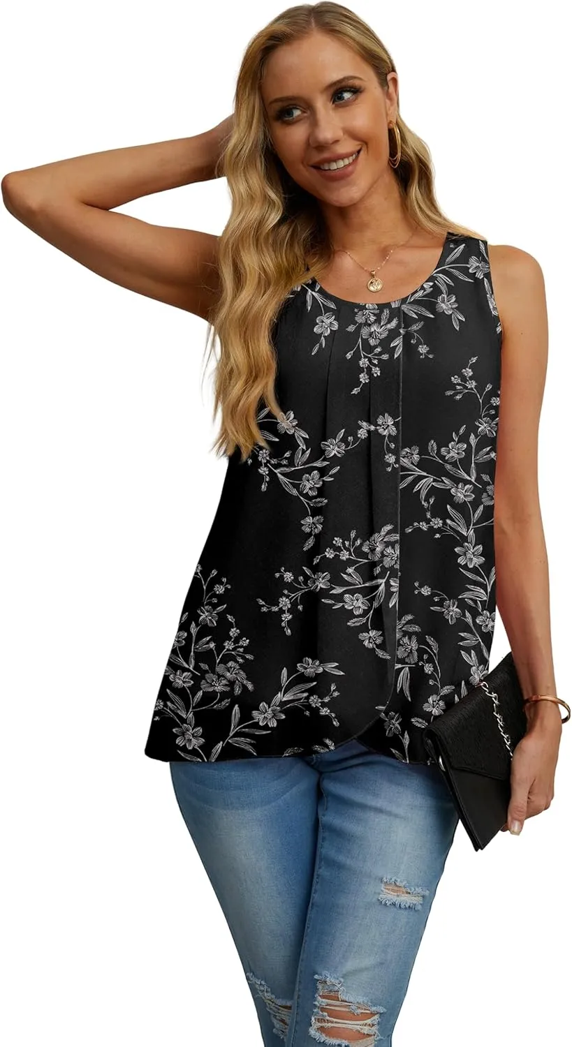 IWOLLENCE Womens Summer Tank Tops Sleeveless Chiffon Double Layers Blouse Loose Round Neck Casual Shirts