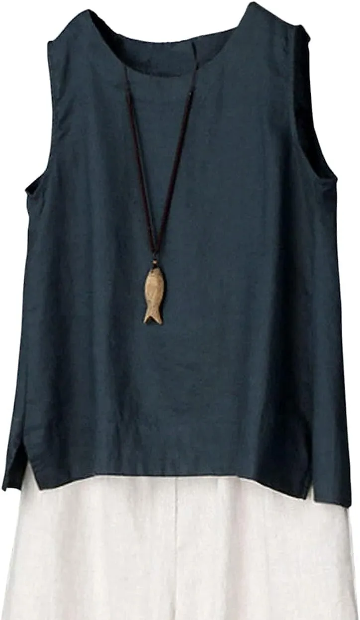 IXIMO Women's 100% Linen Sleeveless Tank Tops Summer Shirts Casual Blouses
