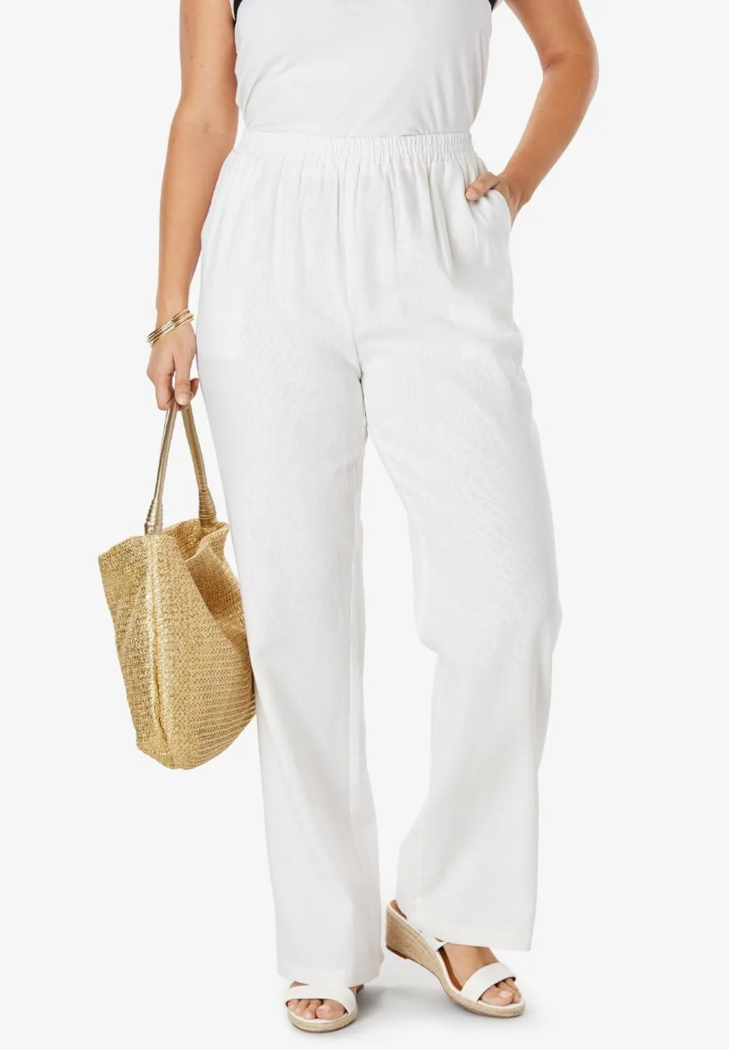 Jessica London Women's Plus Size Lightweight Linen-Blend Straight-Leg Pants