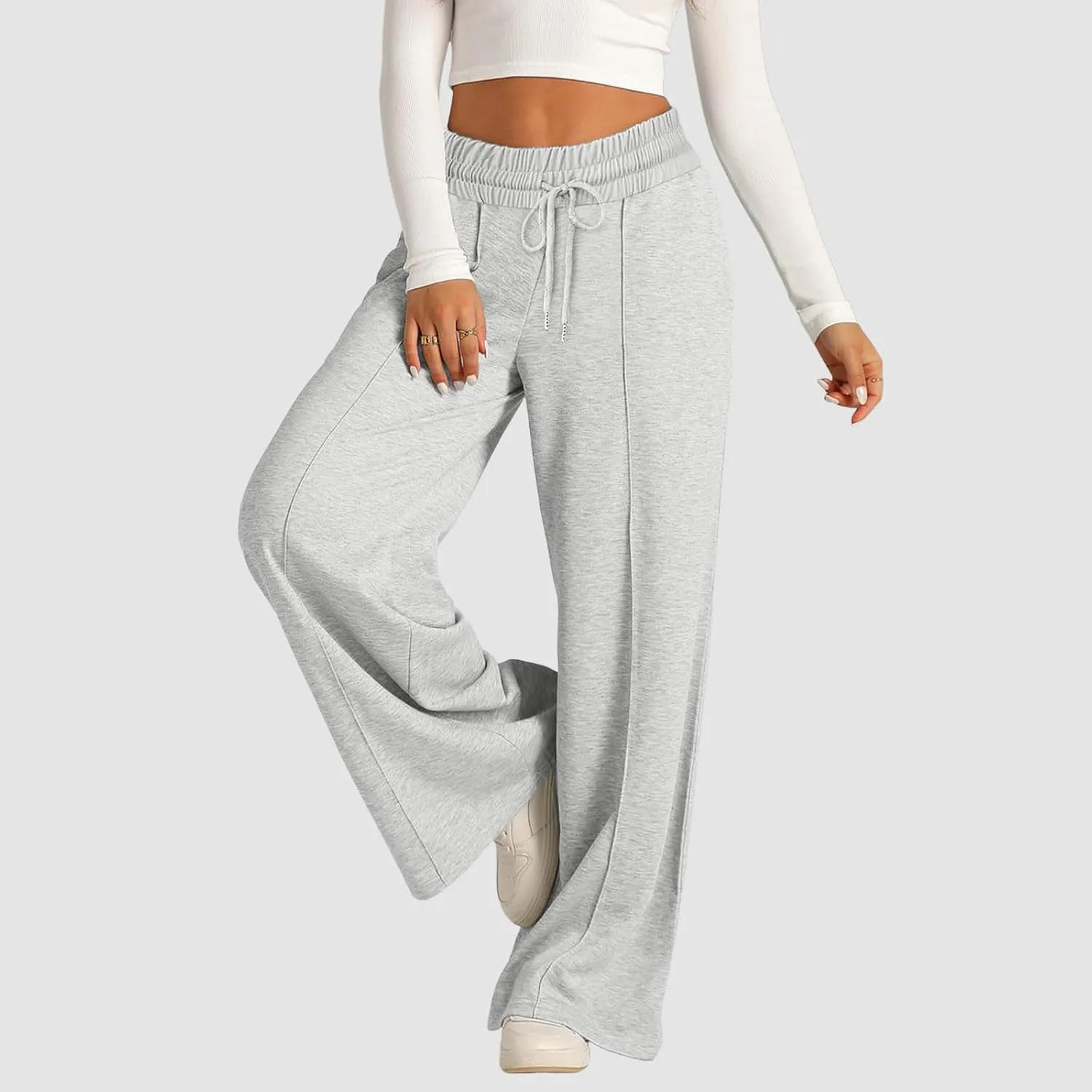 JiXiang Spring Pants for Women 2025 Casual Sweatpants Women Baggy Wide Leg Drawstring Straight Leg High Waist Joggers Trouser