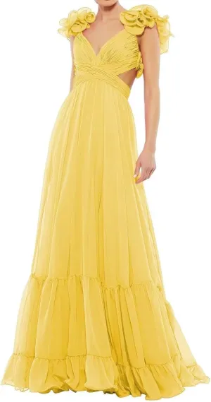 JNXIANGW Chiffon Ruffle Prom Dresses for Women V-Neck Bridesmaid Dresses Backless Long Formal Evening Gowns
