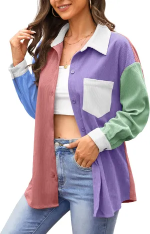 Jouica Womens 2024 Fashion Corduroy Button Down Shirts Boyfriend Long Sleeve Oversized Blouses Tops