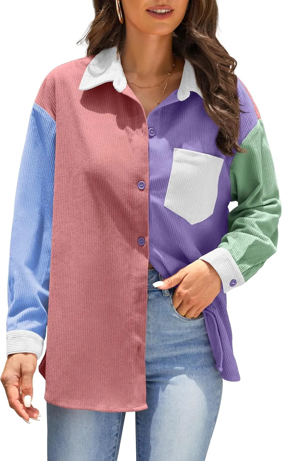 Jouica Womens 2024 Fashion Corduroy Button Down Shirts Boyfriend Long Sleeve Oversized Blouses Tops