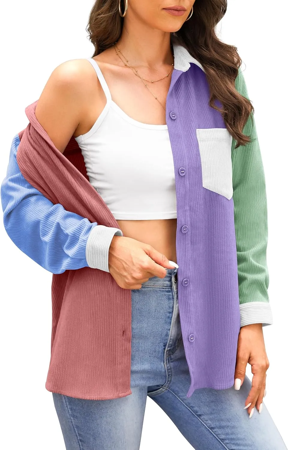 Jouica Womens 2024 Fashion Corduroy Button Down Shirts Boyfriend Long Sleeve Oversized Blouses Tops