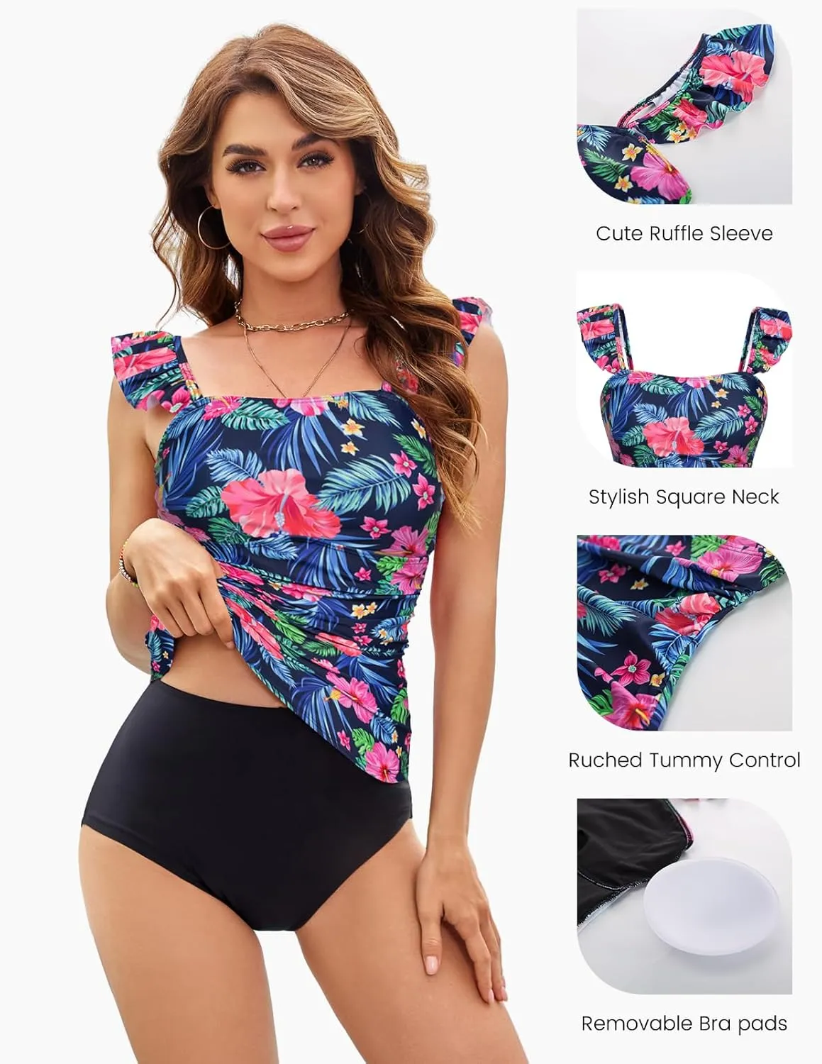 Kate Kasin 2025 Two Piece Tankini Swimsuits for Women High Waisted Tummy Control Floral Swimwear Ruched Padded Bathing Suits