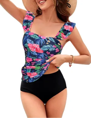 Kate Kasin 2025 Two Piece Tankini Swimsuits for Women High Waisted Tummy Control Floral Swimwear Ruched Padded Bathing Suits