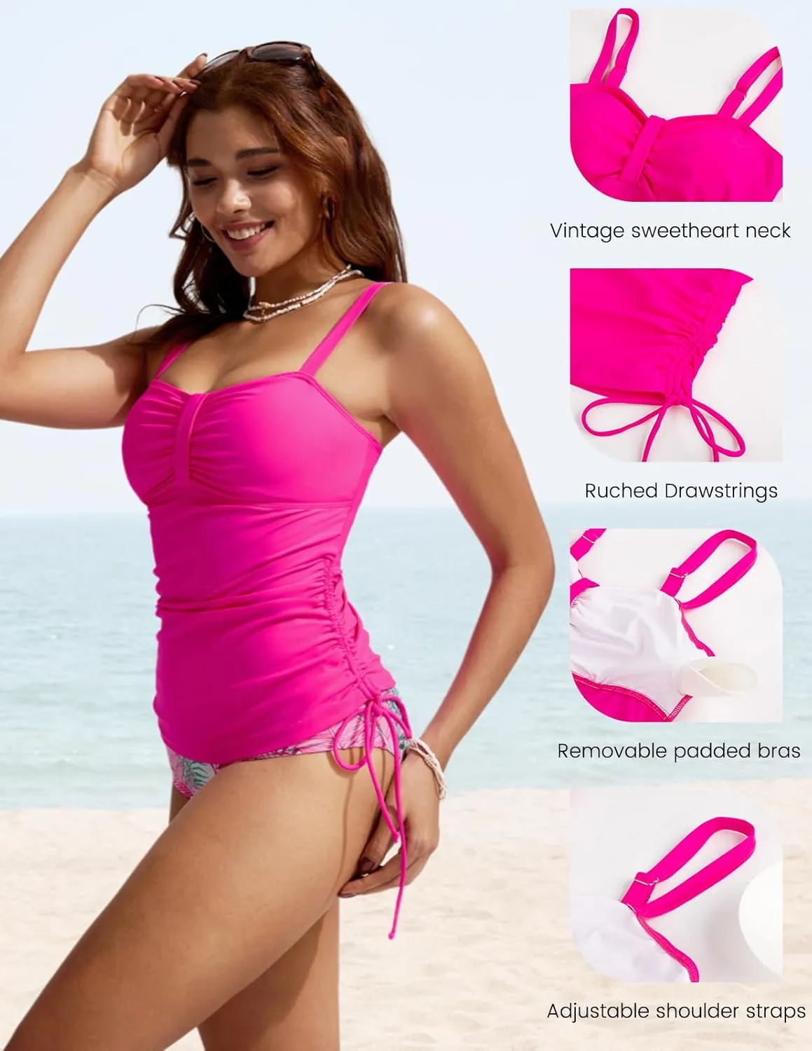 Kate Kasin Tankini Swimsuits for Women Tummy Control Bathing Suits Two Piece Ruched Drawstring Swimwear Swim Top with Bottom