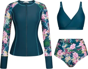 Kate Kasin Womens 3 Piece Rash Guard UPF 50  Long Sleeve Swimsuits Zip Up Surfing Bathing Suits with Built in Bra Short