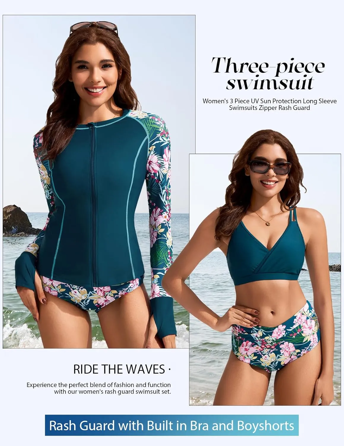 Kate Kasin Womens 3 Piece Rash Guard UPF 50  Long Sleeve Swimsuits Zip Up Surfing Bathing Suits with Built in Bra Short