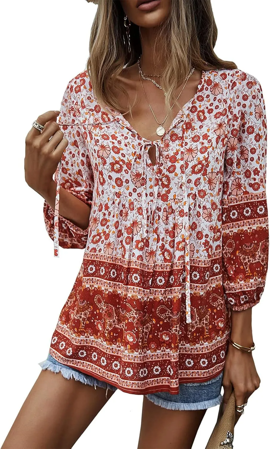 KAYWIDE Women's Casual Boho V Neck Top Loose Floral Printed Long Sleeve Beach Shirts Blouses