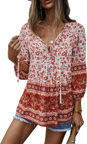 KAYWIDE Women's Casual Boho V Neck Top Loose Floral Printed Long Sleeve Beach Shirts Blouses