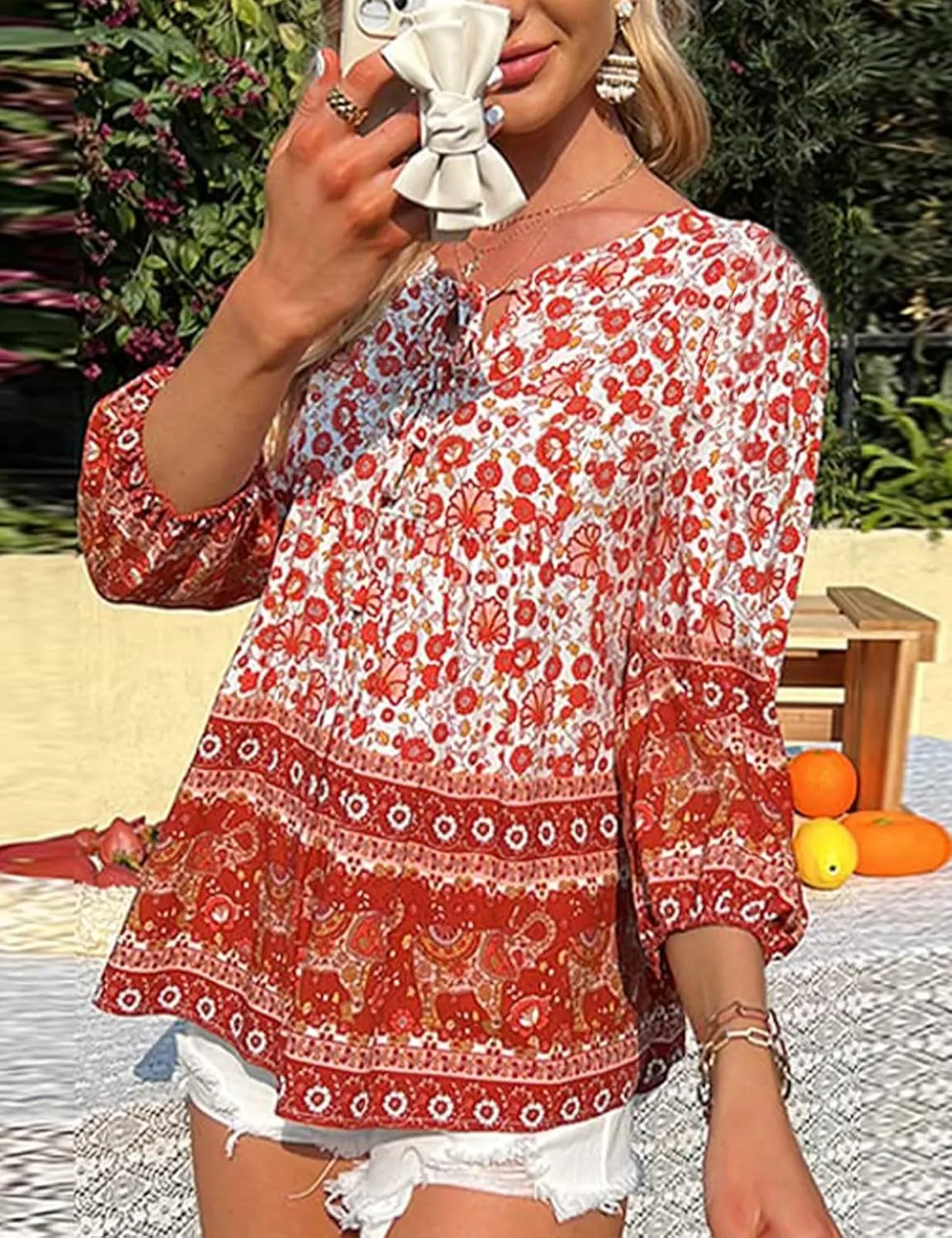 KAYWIDE Women's Casual Boho V Neck Top Loose Floral Printed Long Sleeve Beach Shirts Blouses