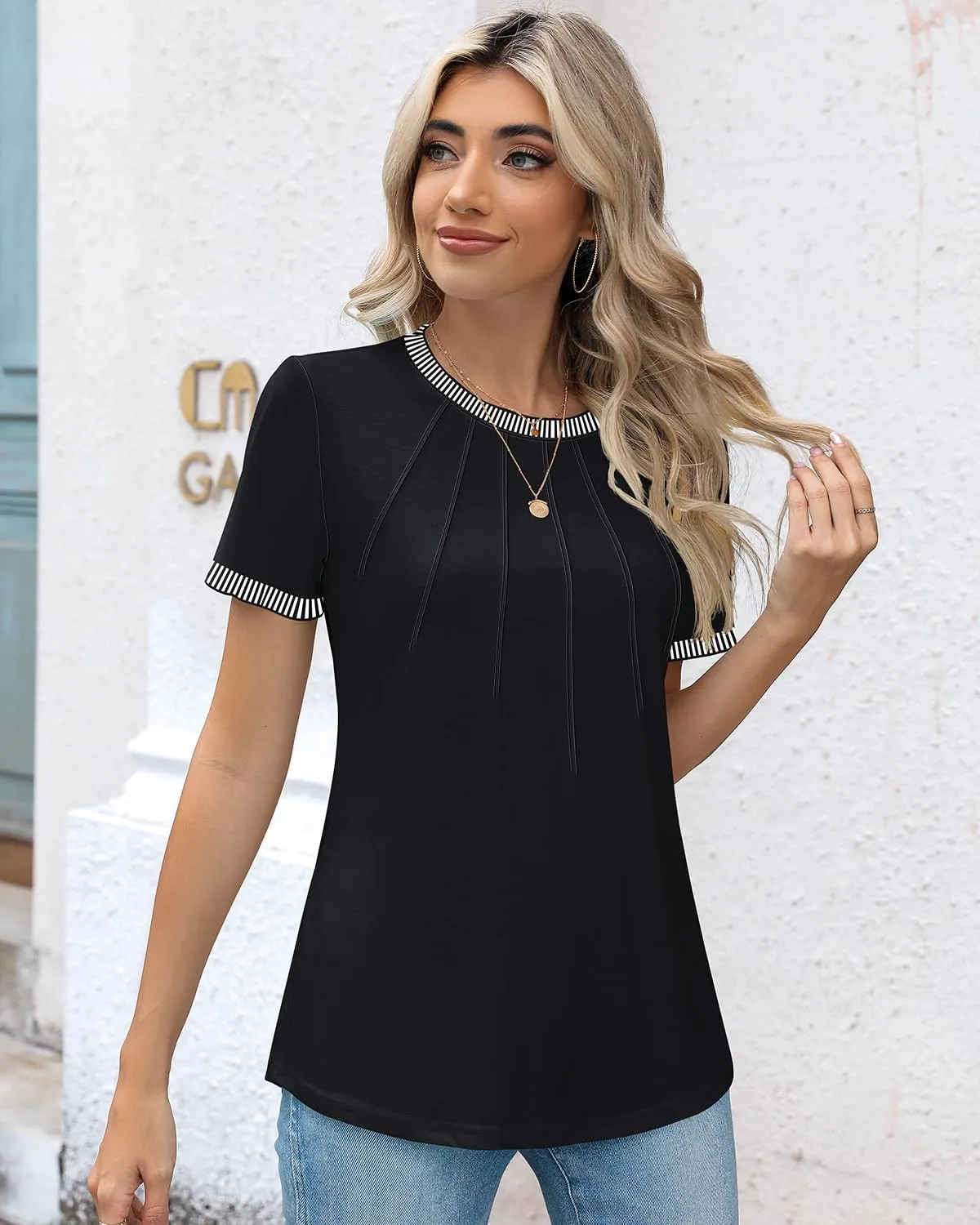 Kistore Womens Casual Crew Neck Short Sleeve Pleated Tops Blouses Fashion Clothes 2025
