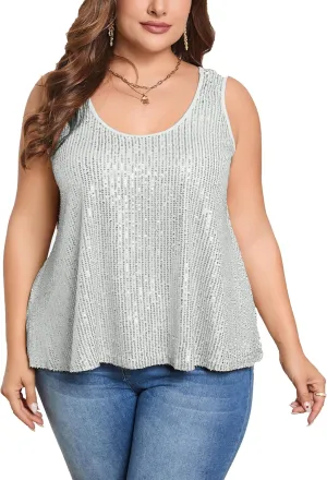 KOJOOIN Sequin Tops Plus Size Glitter Tank Top Sleeveless Sparkle Shimmer Shirt Tops Camisole Vest